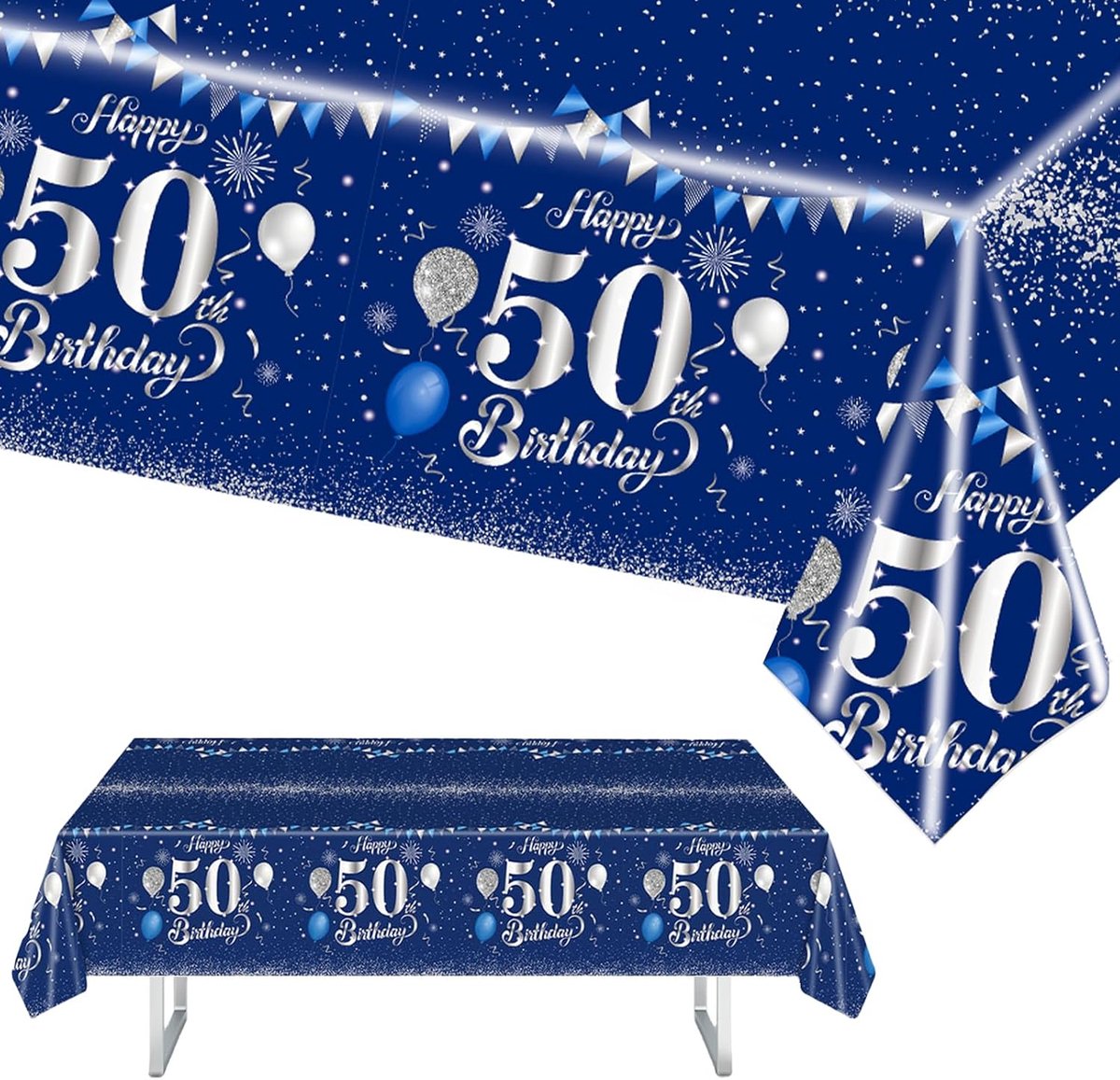 SnelShoppen - Verjaardagstafelkleed voor 50, Navy Blauw Zilver Tafelkleed 54x108 Inch Waterdicht voor 50e Verjaardagsfeest, Perfect voor Mannen en Vro