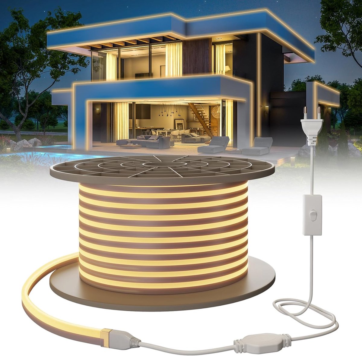 SnelShoppen - Neon LED Strip 15m Warm White 3000K Waterproof Buitenverlichting met 120 LEDs/m voor Tuin, Feest, Keuken, Flexibele DIY Verlichting