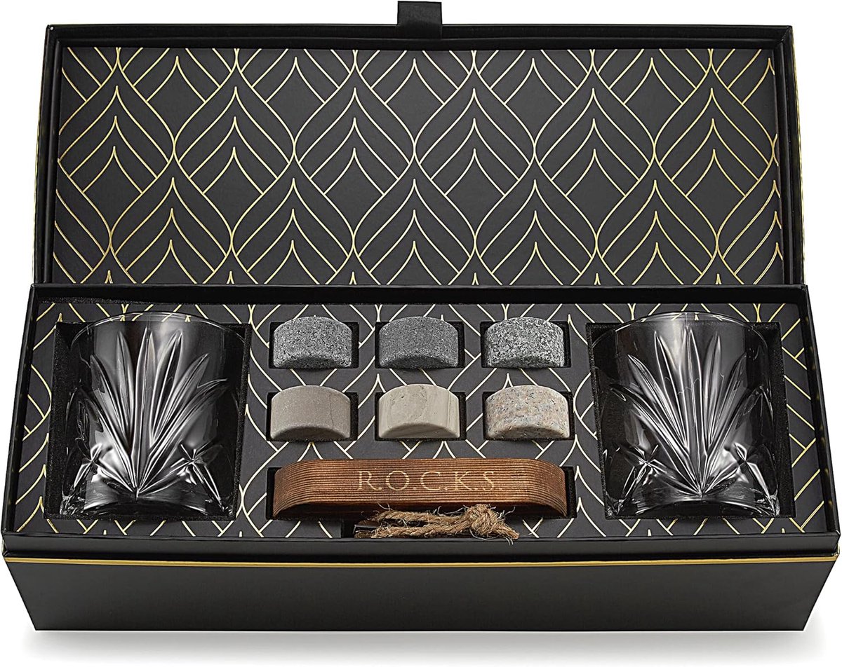 SnelShoppen - Whiskey Chilling Stones Gift Set - 6 Handgemaakte Granieten Koelstenen - 2 Kristallen Glazen - Houten Presentatie & Opbergtray - Luxe Go
