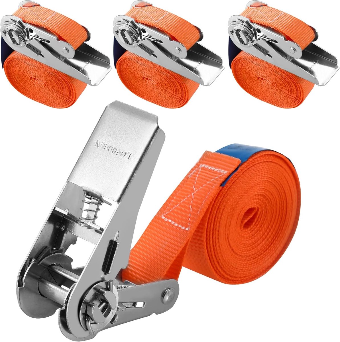 SnelShoppen - Pack van 4 ratelbanden zonder haken 4 m x 25 mm, sterke spanbanden voor auto, motor, maximaal 800 kg, volgens DIN EN 12195-2, oranje rat