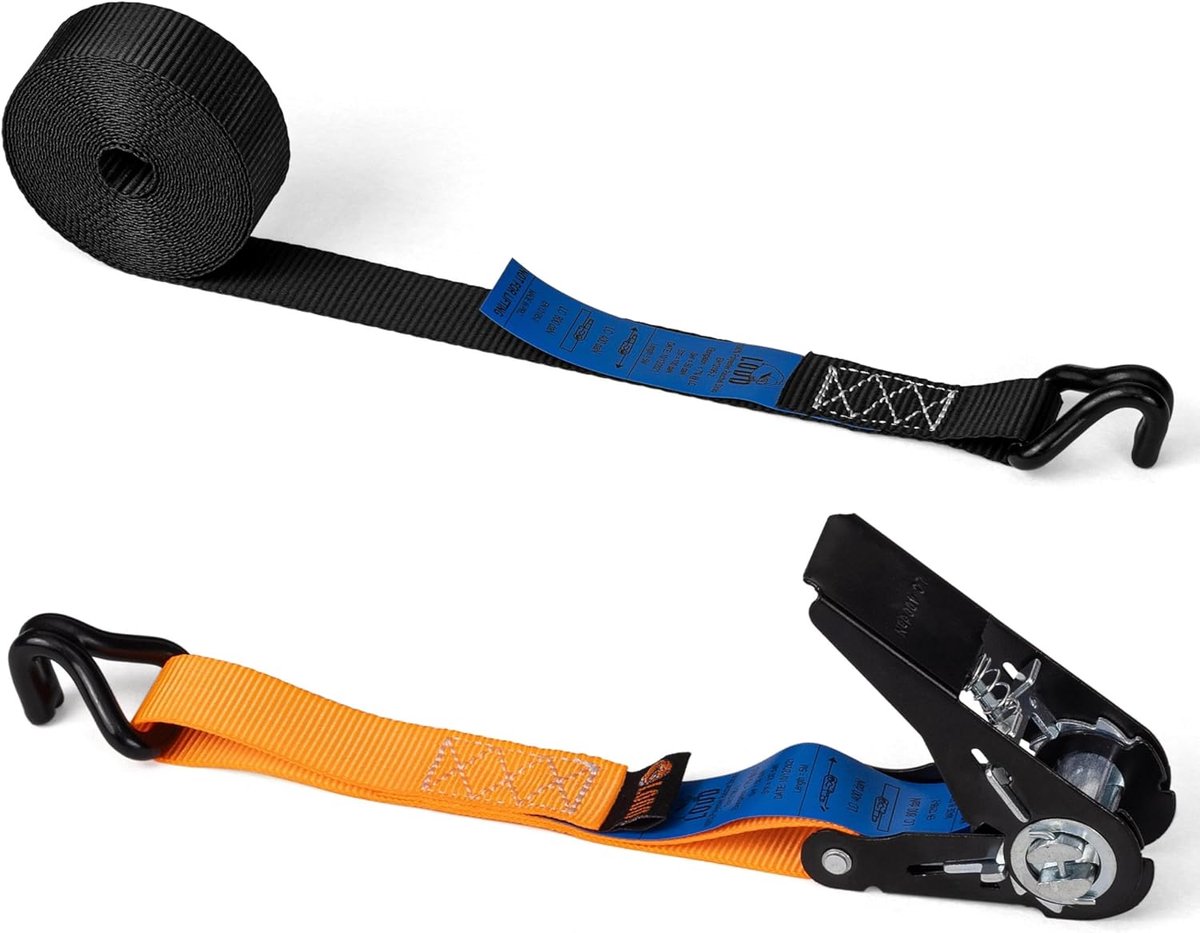 SnelShoppen - 4 Ratchet Straps 4m x 25mm, 800kg Sterk, J Hooks, Polyester, Ideaal voor Transport, Luggage, Meubels, Trailer