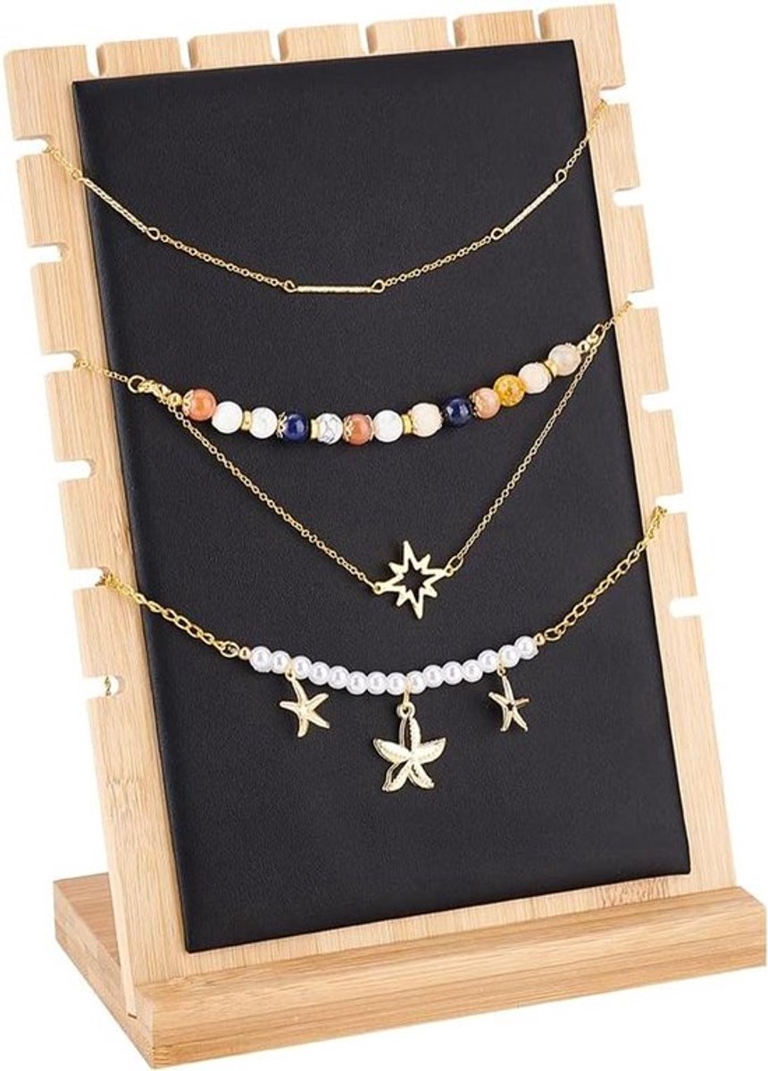 Houten halskettinghouder met 9 sleuven en zwart leren halsketting - Sieradenstandaard tafeldisplay - Organizer voor halskettingen en sieraden - Afmetingen 9,5 x 17 x 25 cm.