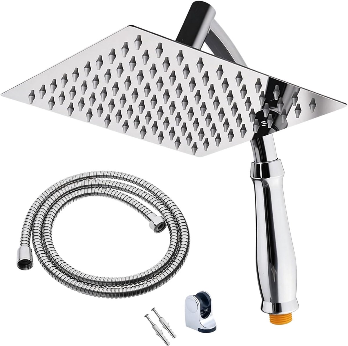 SnelShoppen - Roestvrijstalen Regendouchekop 20 cm Vierkant met Handdouche, 1,5 m Slang, Verlengarm en Houderset - Verstelbare Watervaldouche voor Lux