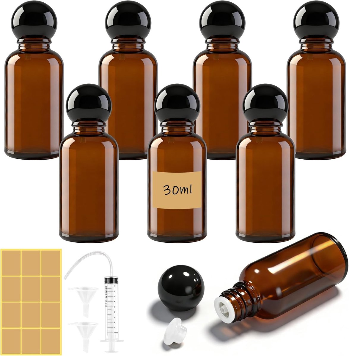 SnelShoppen - 8Pcs Bruine Glazen Flessen 30ml - Navulbare Essentiële Olie Flessen met Schroefdoppen - Lege Reis Dopper Flessen - Amber Monsters voor O
