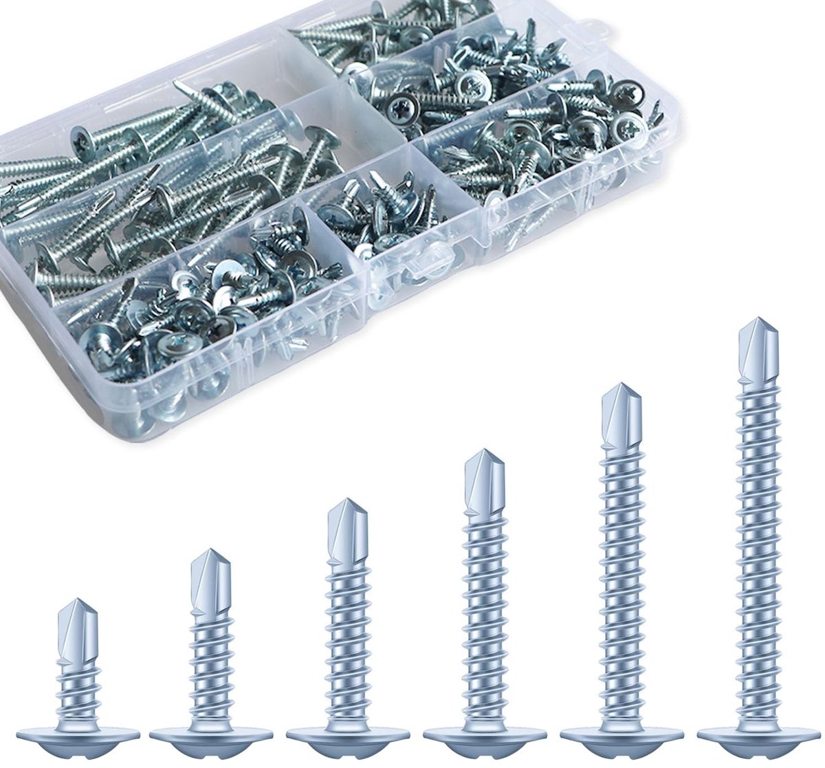 Set van 225 zelftappende schroeven van roestvrij staal, M4.2 x 13 mm, 16 mm, 19 mm, 25 mm, 32 mm, 38 mm - Assortiment voor hout en metaalbewerking