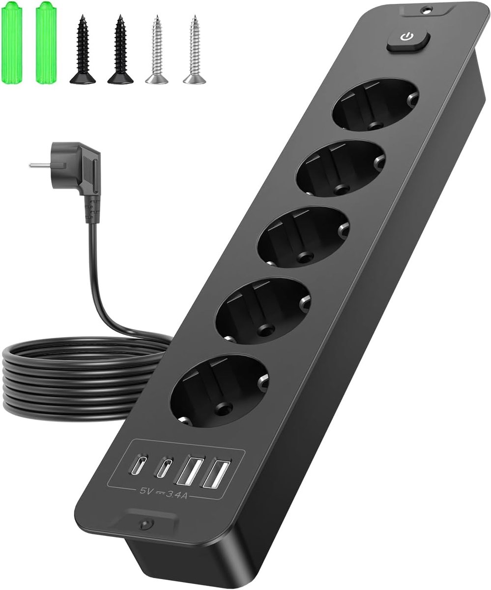 SnelShoppen - Inbouw stopcontact met USB, tafelstopcontact inschuifbaar, 5-voudig, 4 USB (2 USB C PD 20 W), inbouwstekkerdoos voor desktop, kast, huis