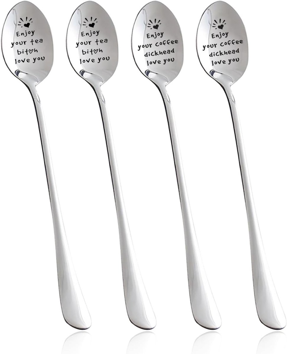SnelShoppen - 4 Stuks Langhandige Soeplepels Met Belettering, Food-Grade Roestvrijstaal, Slijtvast Keuken Servies, Ideaal Voor Koken, Feestdagen En Ke
