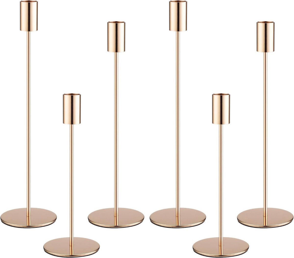 SnelShoppen - Set van 6 Gouden Kaarsenhouders, 3 Hoogtes (33/28/23 cm), Vintage en Elegante Decoratie voor Bruiloften, Feesten, Verjaardagen, Tafelver