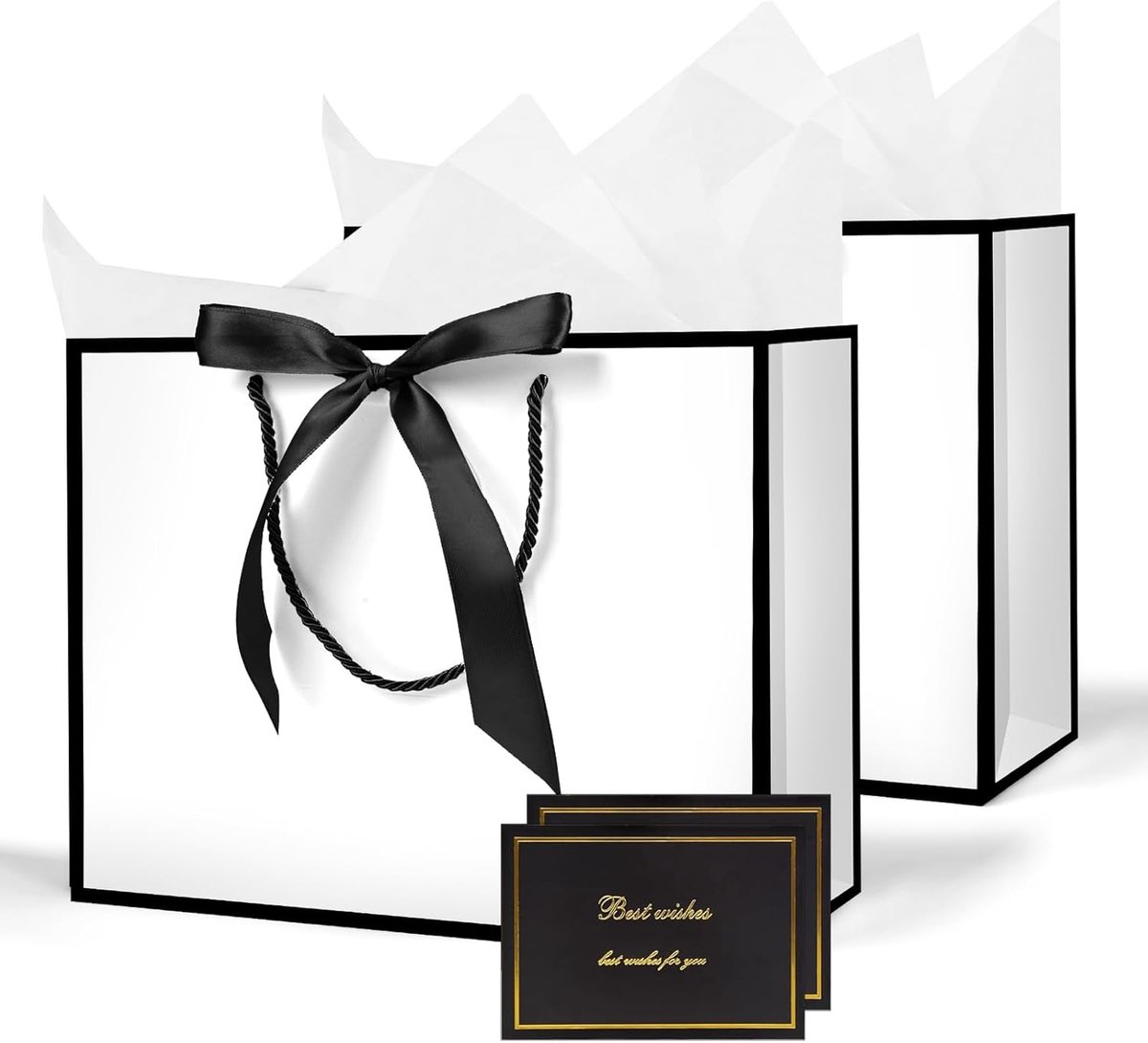 SnelShoppen - 2 Stuks Medium Witte Cadeautassen met Handvatten, Papieren Gift Bags met 4 Wikkels en 2 Wenskaarten, Perfect voor Vriendinnen, Valentijn