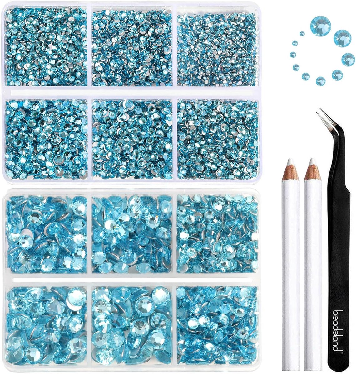 SnelShoppen - 8300 Stuks Blauwe Kristal Rhinestones voor Hobby, 10 Maten Gemengd, Aquamarine, Inclusief Wax Pencil en Pincet, Perfect voor Nail Art en