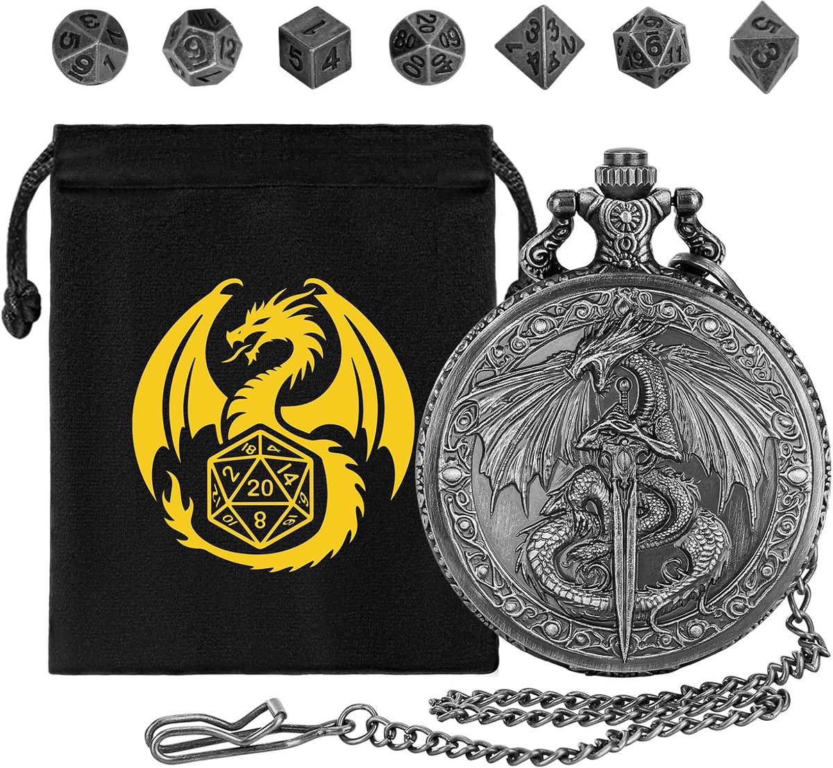 SnelShoppen - Mini DND Dobbelset met Vliegende Draak, 7-delige Polyhedrale Metaal Dobbelstenen, D&D Starterset met Gift Bag, Perfect voor Rollenspel e