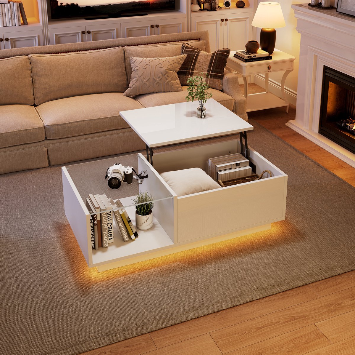 COVREO Salontafel 100x50x33-46,5 cm - wit, hoogglans, met LED en verborgen opbergruimte