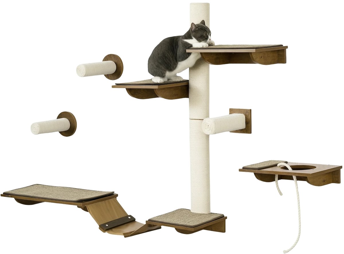 8-Delige Katten Klimwand Set – Kattenmeubels met Sisal Krabpalen – Bruin/Crèmewit