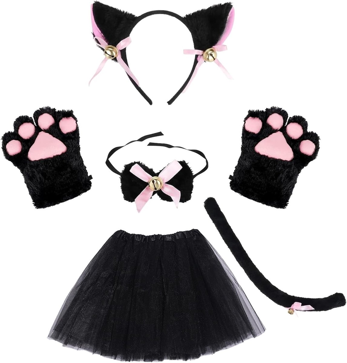 Meisjes Kat Cosplay Set met Oren, Staart, Kraag en Handschoenen voor Feestelijke Kostuums en Verkleedpartijen