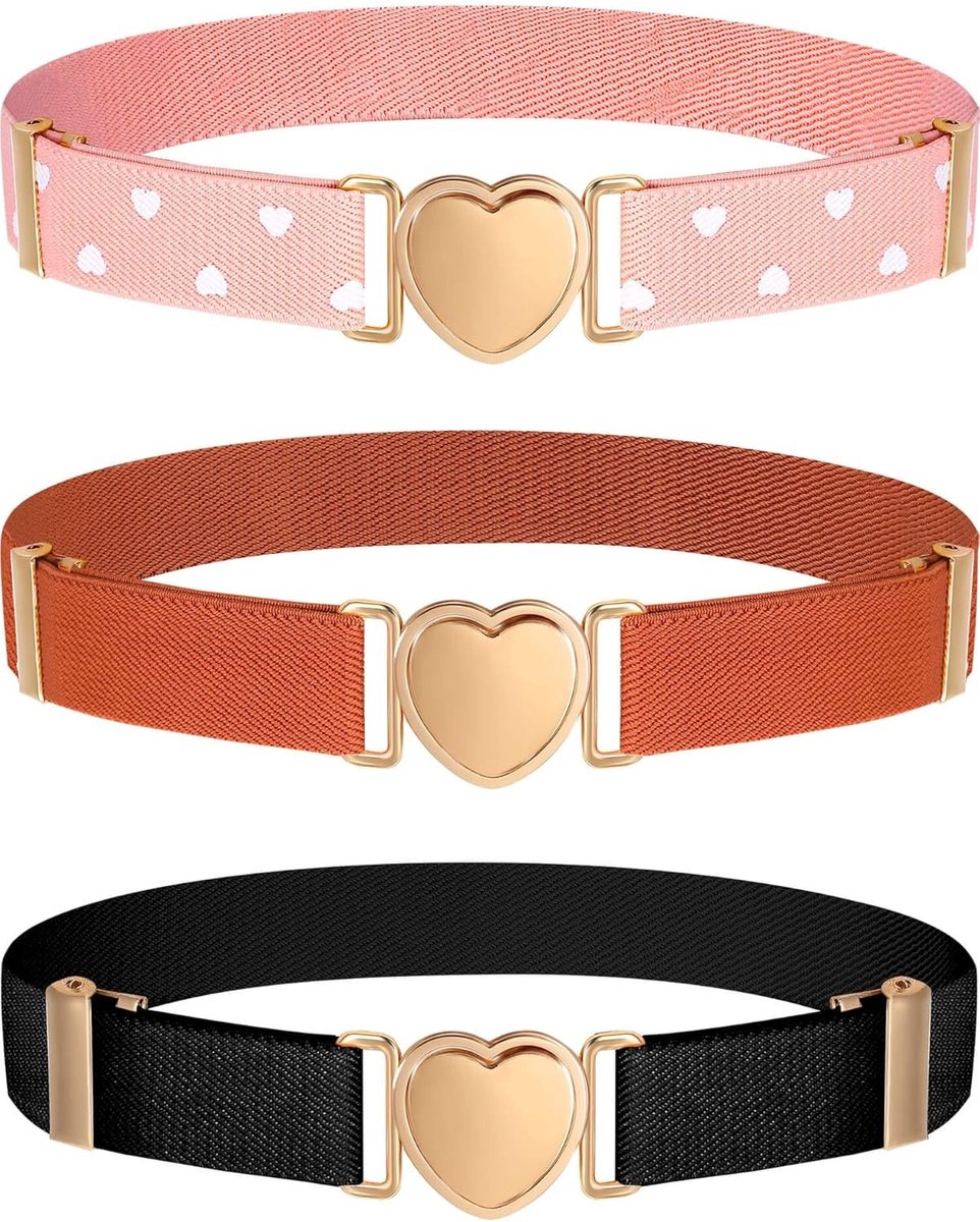 3-delige Verstelbare Elastische Riem met Hartgesp voor Meisjes - Roze, Bruin, Zwart, 2.5x60cm - Modeaccessoire, Comfortabele Riem, Perfect voor Kinderen