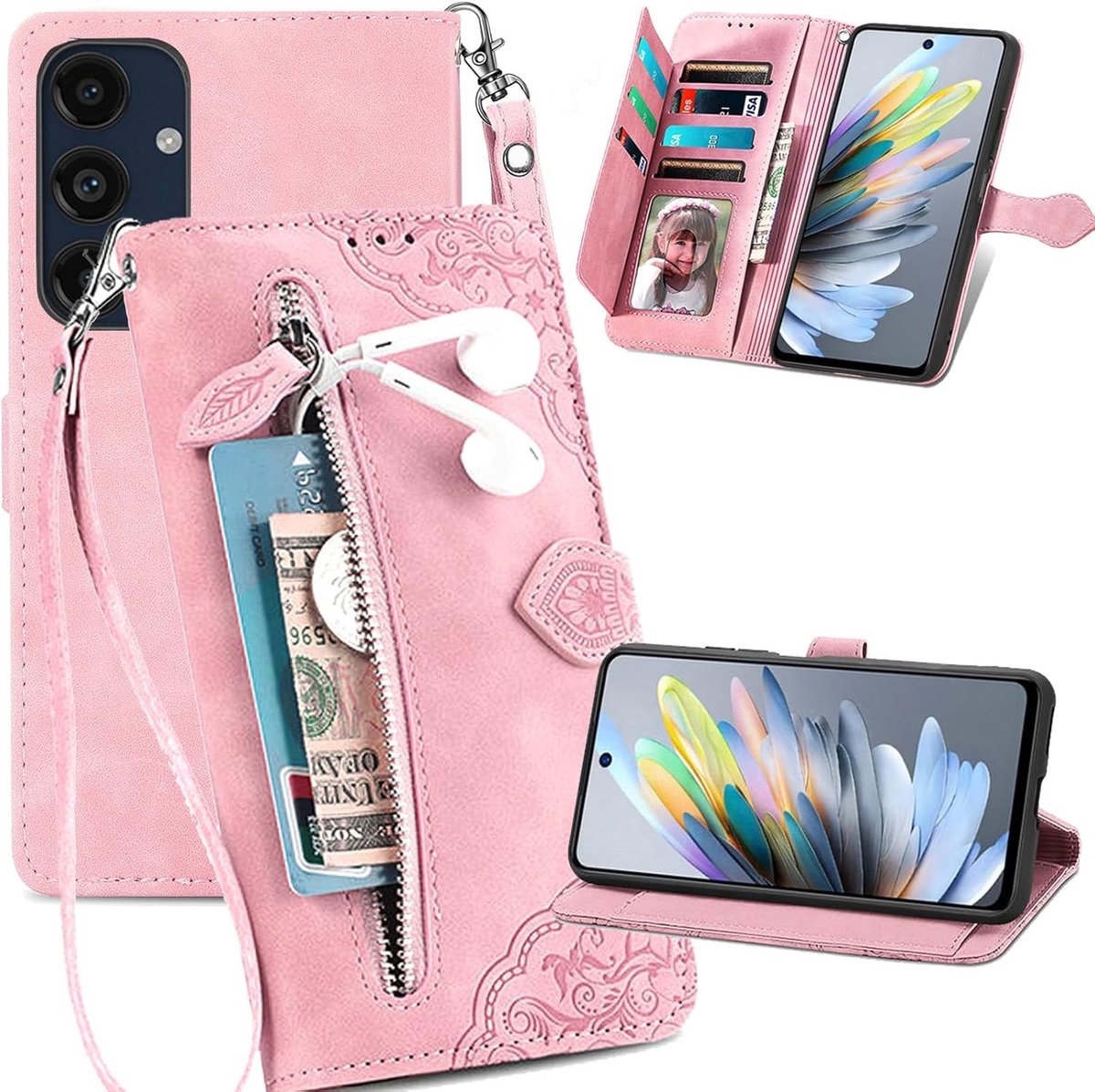 Wallet Case voor Samsung Galaxy A16 met 7 Kaartslots, Ritsvak en Afneembare Polsband - PU Lederen Flip Cover met Kickstand en Magnetische Sluiting, Bloemenprint Beschermhoes voor Samsung A16 5G