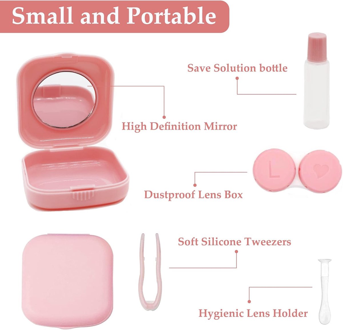 SnelShoppen - Portable Contact Lens Holder Reis Set met Spiegel en Suction Tweezers voor Hygiënisch Gebruik, Compact en Lichtgewicht, Roze, Geschikt v