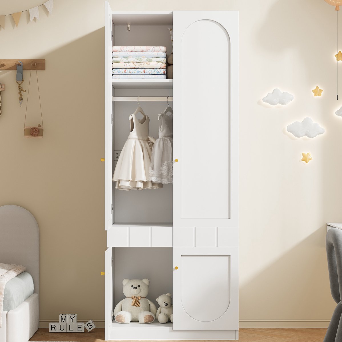 COVREO Kledingkast 80x50x200 cm – wit MDF, 2 deuren, kledingstang en drukopenende lades