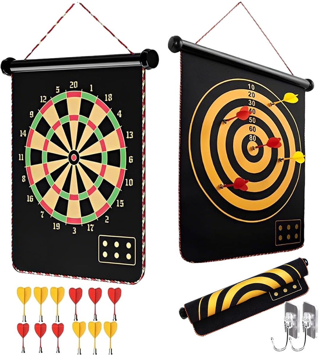 Dailygoods - Magnetisch Dartbord met 12 Dartpijlen - Dubbelzijdig en Opvouwbaar voor Kinderen en Volwassenen