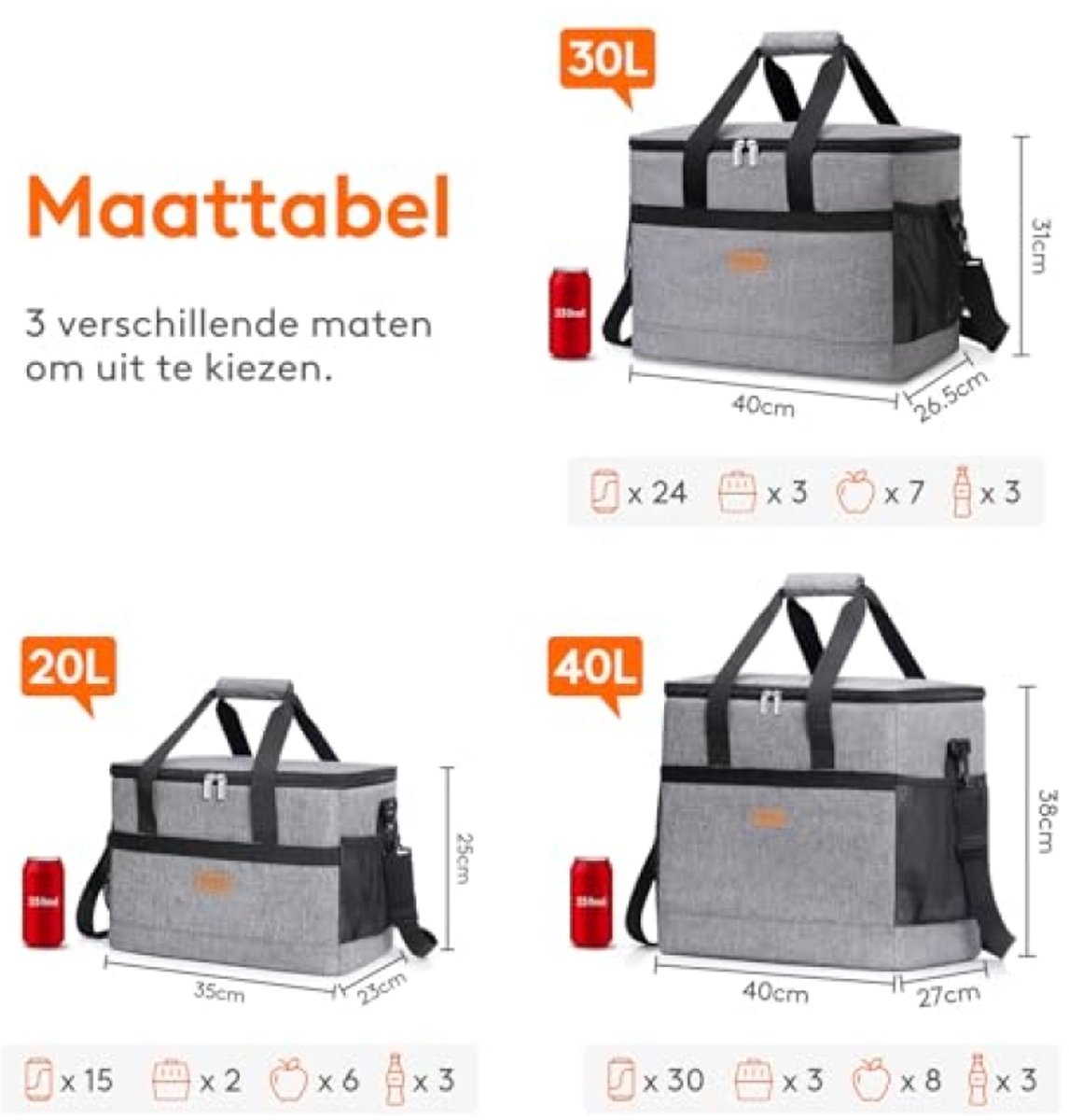 ModernStore Grote Koeltas 20L - Zachte Koelbox voor Boodschappen, Bevroren Voedsel, Reizen, Picknick, Camping & Strand - Grijs