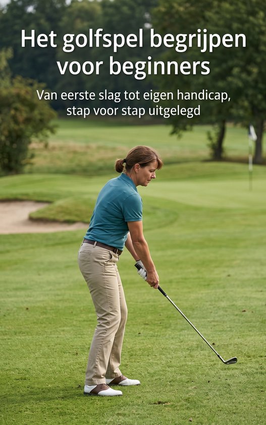 Een vrouw in een blauw shirt en beige broek maakt een golfslag op een groen veld.