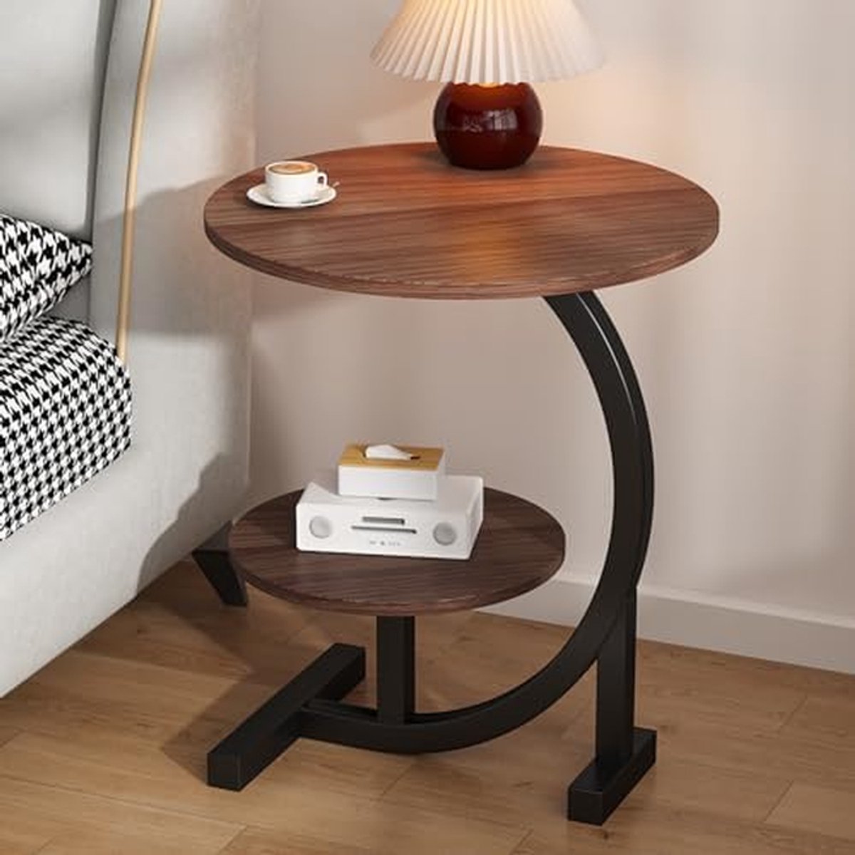 Ronde bijzettafel - Kleine salontafel - Woonkamer decoratie - Met opbergruimte - 40x40x62 cm - Zwart walnoot