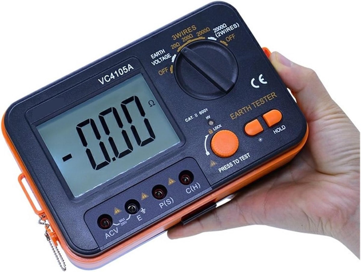Weerstandsmeter - Aardingsmeter Tester - Veiligheid Controleren - LCD Achtergrondverlichting - 32 mm Cijfers - Eenkleurig
