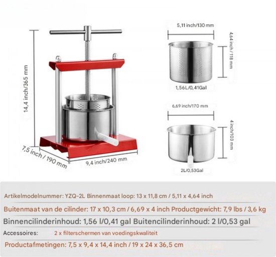 Fruitpers RVS 14x13 cm - RVS, Handmatige Fruitpers en Wijnpers - Voor Dagelijks Gebruik, Thuis en Professioneel Gebruik — afbeelding 5
