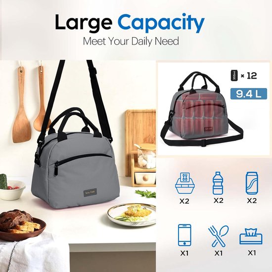 Dailygoods- Lunchtas met riem - Herbruikbare geïsoleerde Koeltas - Waterdichte Koeltas - Dubbele vakken - Groot zakformaat 26x21x14 cm - Koeltasje van Dailygoods — afbeelding 4
