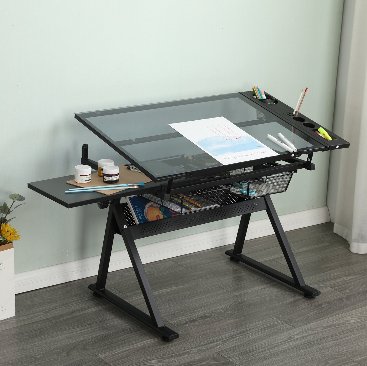 Tekentafel - Verstelbaar En Kantelbaar Blad Met Opbergruimte En Kruk - Voor Tekenen En Hobbyruimte - MDF Metaal Glas - 90x60x91 Cm - Zwart