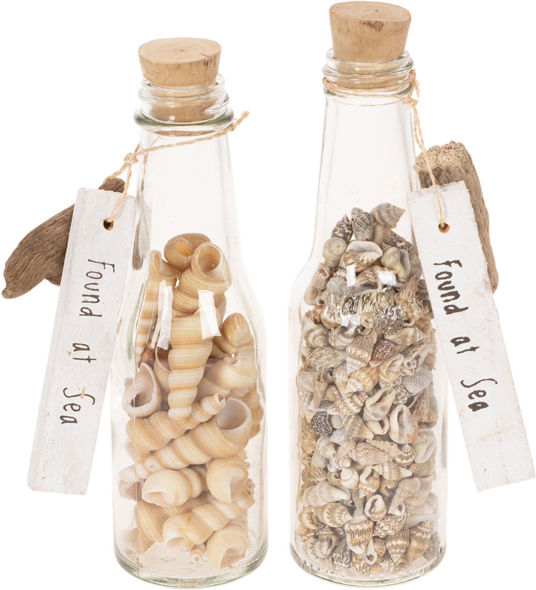 Fles glas met schelpen en label 16.5cm