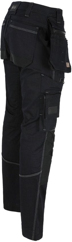 Zijaanzicht van de achterkant van een zwarte Herock werkbroek met zakken.