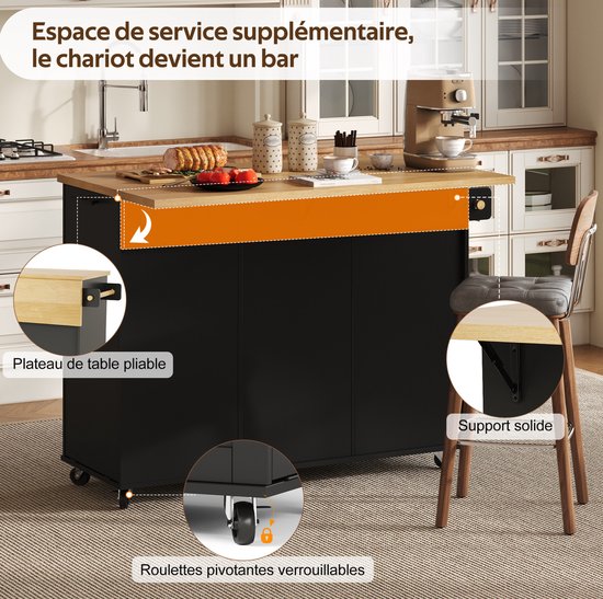 OKWISH Keukeneiland Op Wielen - Met Opklapbaar Werkblad - 130 x 45 70 x 93 cm - 1 Lade 2 Deuren - Verborgen Afvalvak - MDF Zwart van okwish — afbeelding 4