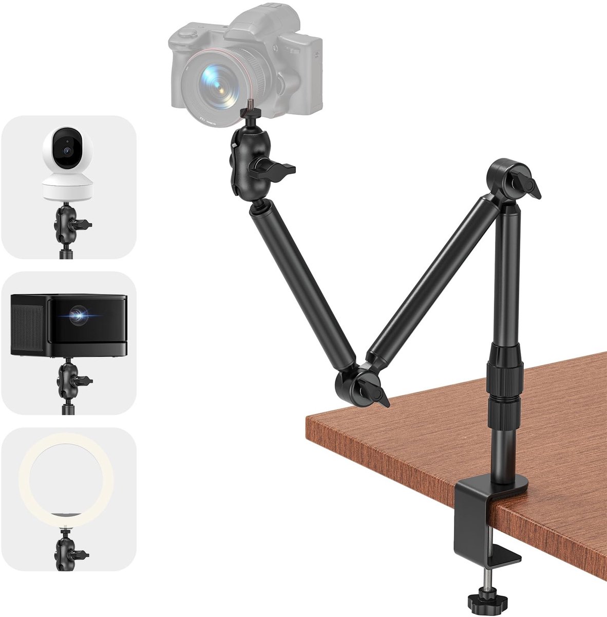 Dailygoods - Bureauhouder voor camera, robuust, camerastatief met 1/4 inch schroeven, 360 graden draaibare tafelpoten met verstelbare arm voor DSLR, ringlicht, projector, maximale belasting 3 kg
