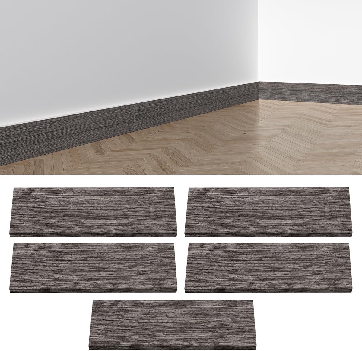 Dailygoods - 5 stuks plinten, verdikte plinten, vloerlijst, 45 x 12 cm, zelfklevende vloeren, wandbekleding, waterafstotend, vuilafstotend, totale lengte 2,25 m (grijze houtnerf)
