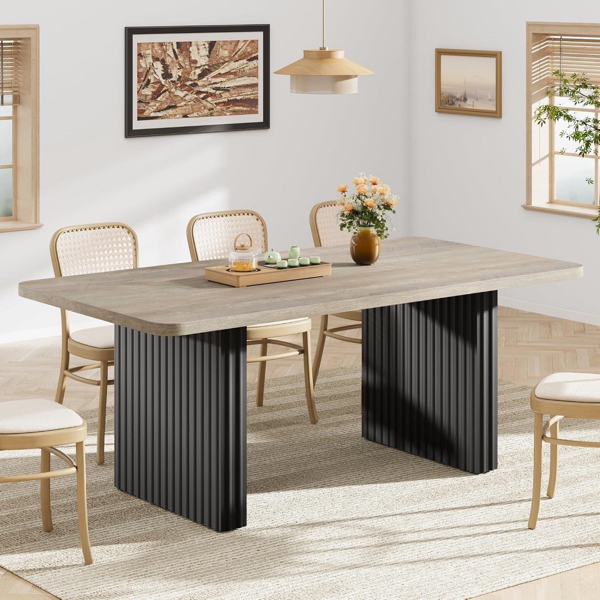 Moderne eettafel voor 6-8 personen – 71" rechthoekige boerderij-keukentafel – met zwarte, gegroefde metalen poten in golfmotief en houten blad – grote eettafel voor thuiskantoor en eetkamer – 180×80×75 cm – grils