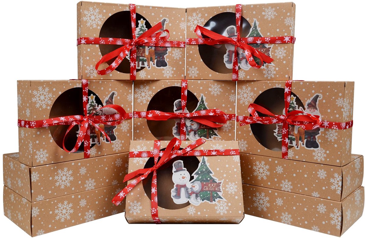 Dailygoods - AWCIGG 12st Kerstcadeaudozen Kerst Taartdoos met Venster Lege Kartonnen Kerstcadeau Traktatiedozen voor Koekjes Zoete Biscuit voor Geschenken met Oliepapier en Linten Christmas Gift Boxes