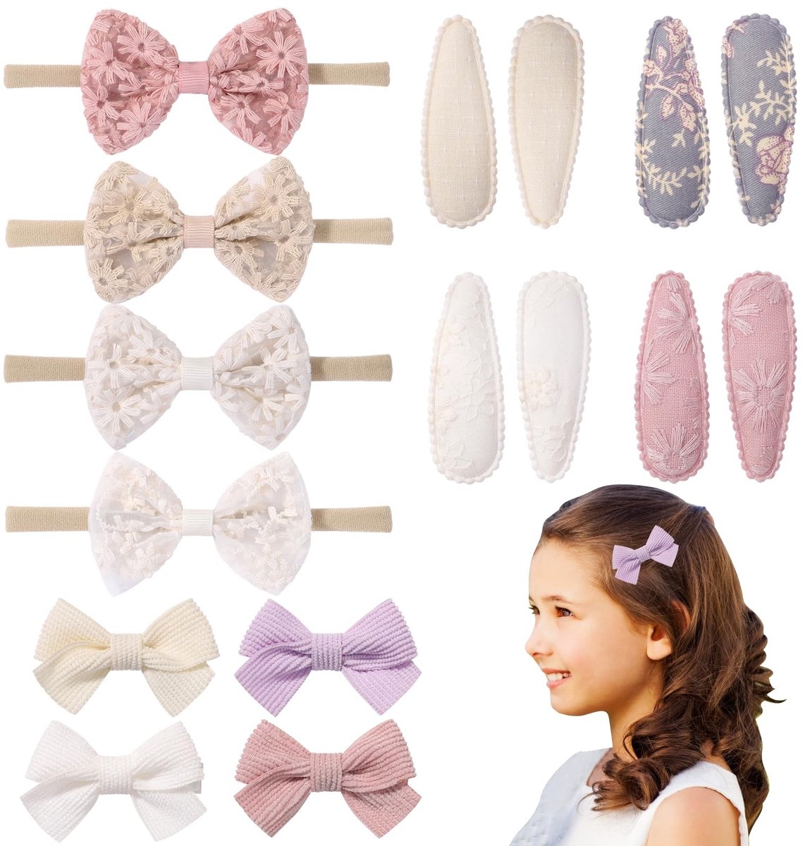 Dailygoods- Haarelastiekjes 12 Stuks - Haarspelden met Strik - Geborduurde Stoffen Haarspelden - Haaraccessoires voor Meisjes - Geschikt voor Feesten - Hoogwaardig Materiaal
