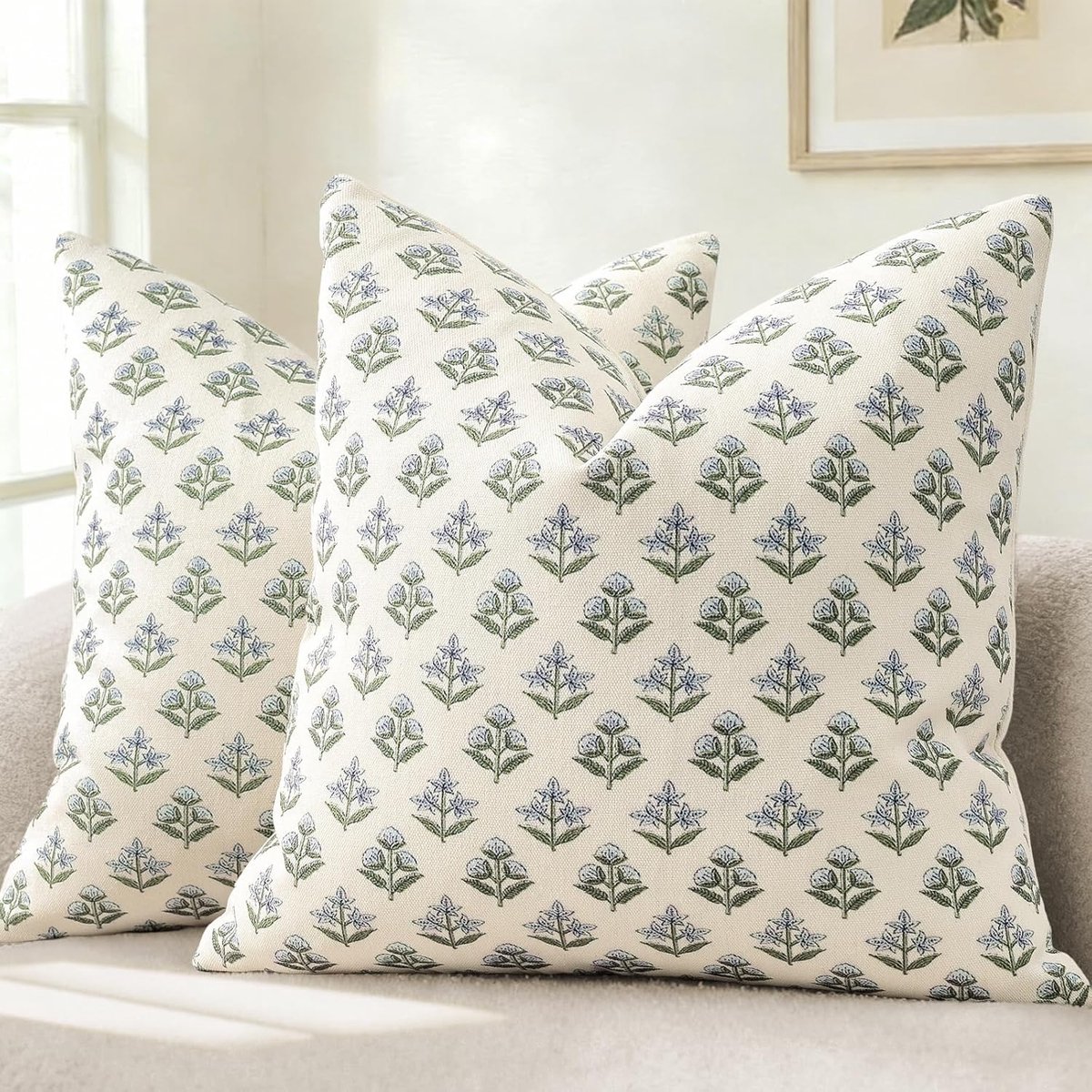 Modern Botanisch Vintage-Design Kussenhoes 50x50 Set van 2 Bloemen Kussenhoezen Bankkussens Decoratiekussens voor Bank Fauteuil Stoel Bed Woonkamer Woondecoratie Blauwgroen