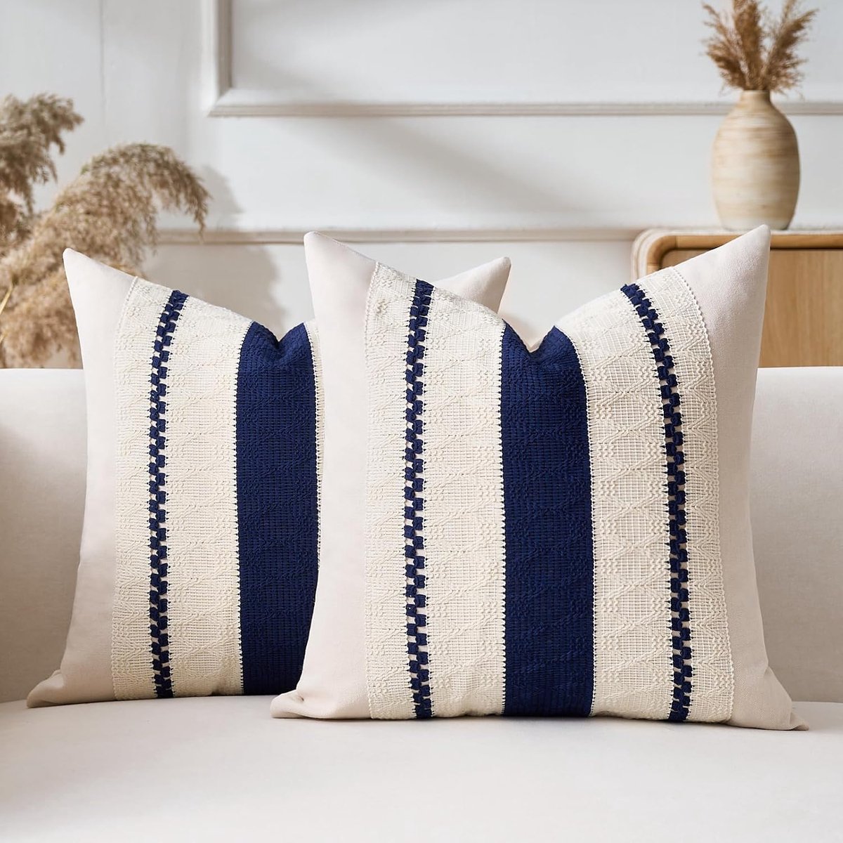 Set van 2 macramé kussenslopen 40 x 40 cm, katoen en linnen, blauw, geweven, decoratief, modern, elegant, decoratie voor bank, slaapkamer, tuin, stoelen