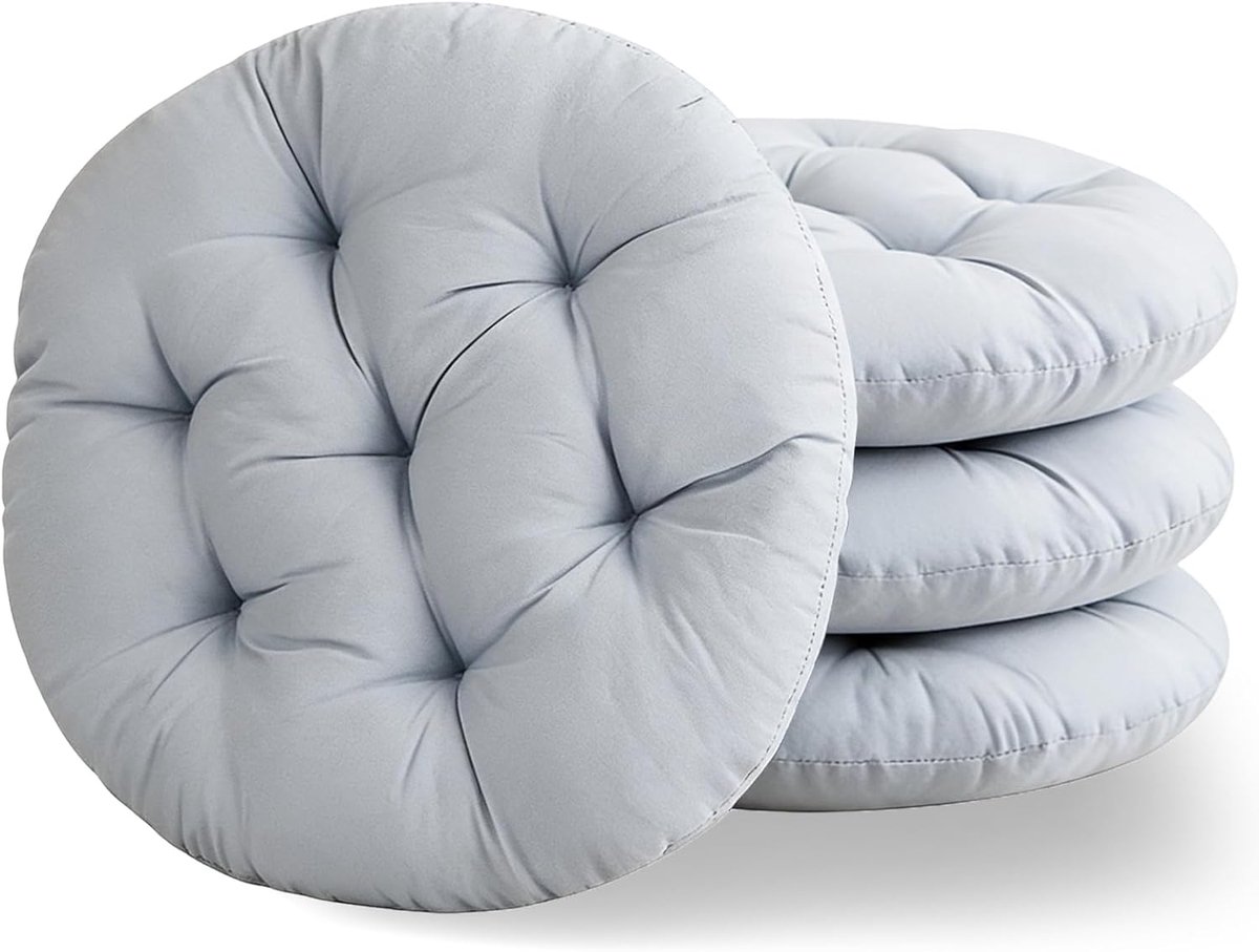 Set van 4 stoelkussens Rond, 40 x 40 cm, Comfortabel Zitkussen, Gevuld Zitkussen, Rond Vloerkussen, Stoelkussen voor Binnen en Buiten, Keuken, Tuin Eetkamer Woonkamer Studeerkamer (Lichtgrijs)