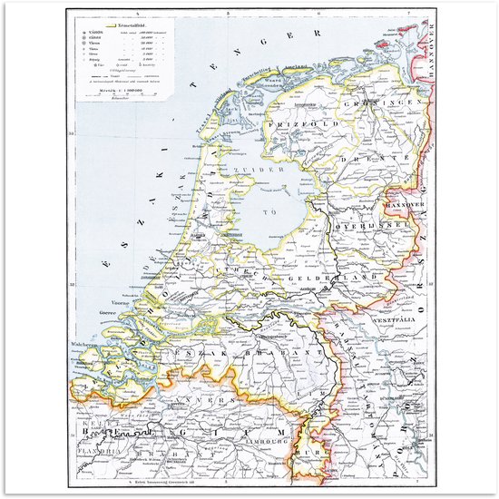 Poster 50x50 cm - Landkaart - Vintage - Nederland - Posters - Kamer decoratie - Wanddecoratie woonkamer - Muurdecoratie slaapkamer