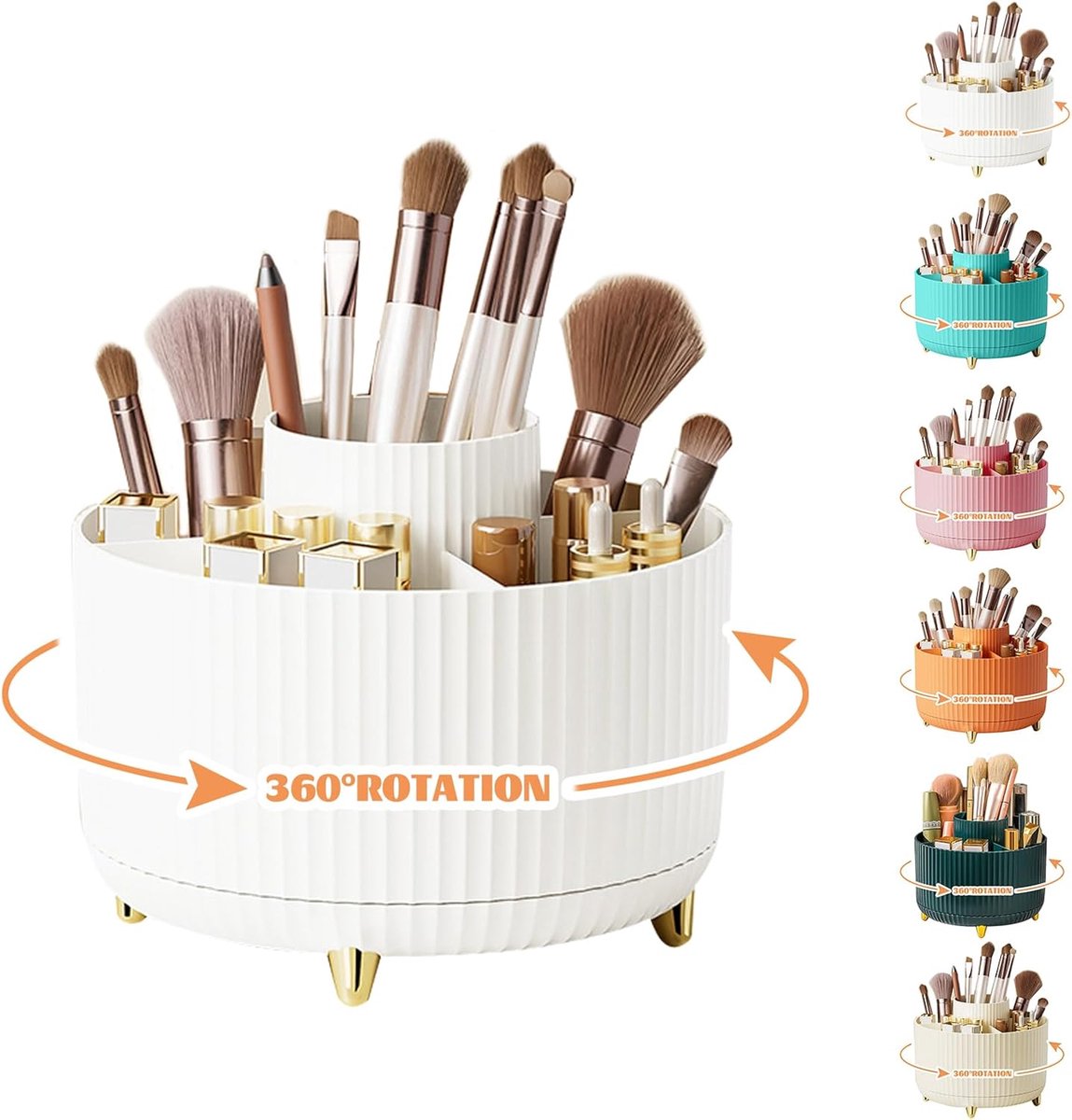 360° draaibare make-uporganizer, kwasthouder, cosmetica-opslag met 5 vakken, esthetische make-uptafel-organizer voor kamer, decoratie, kaptafel, slaapkamer, badkamerorganisatie（Wit）