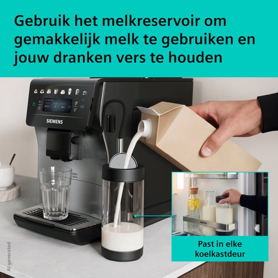 Hand vult melkreservoir van Siemens volautomaat espressomachine. Melk in koelkastdeur.