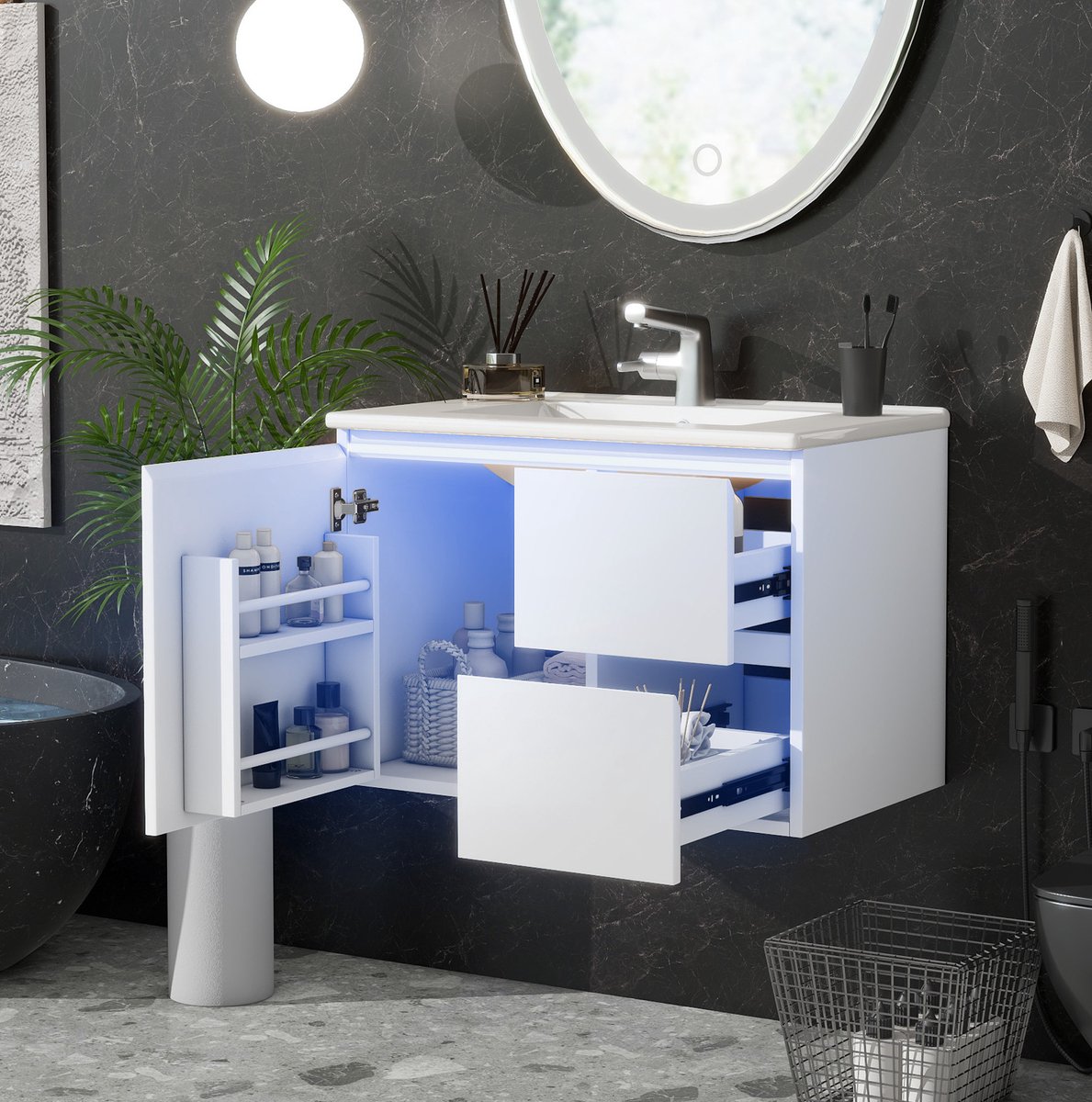DESMIU Badkamerkast - Wandhangend Met Keramische Wastafel En Sensorverlichting - 2 Lades En Opbergruimte - MDF - 76x46x50 Cm - Wit