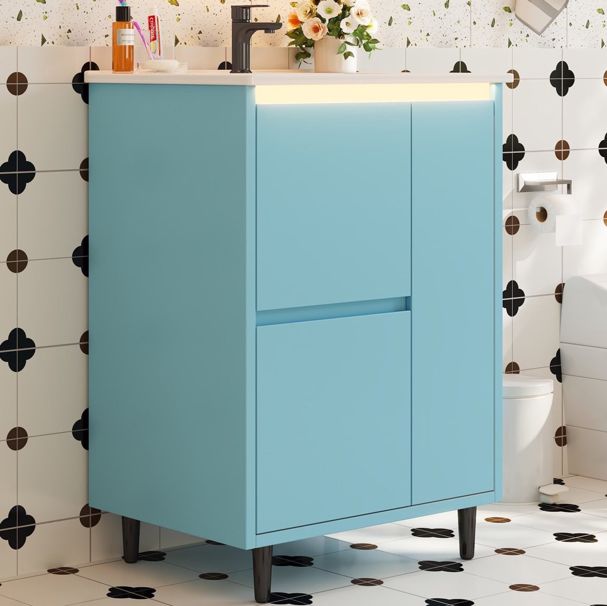 STILVORA Badkamer Wastafelmeubel - Vrijstaand Design Met Ingebouwde Keramische Wastafel En Softclose - 2 Lades En Kast - Blauw - 61x46,5x87 Cm