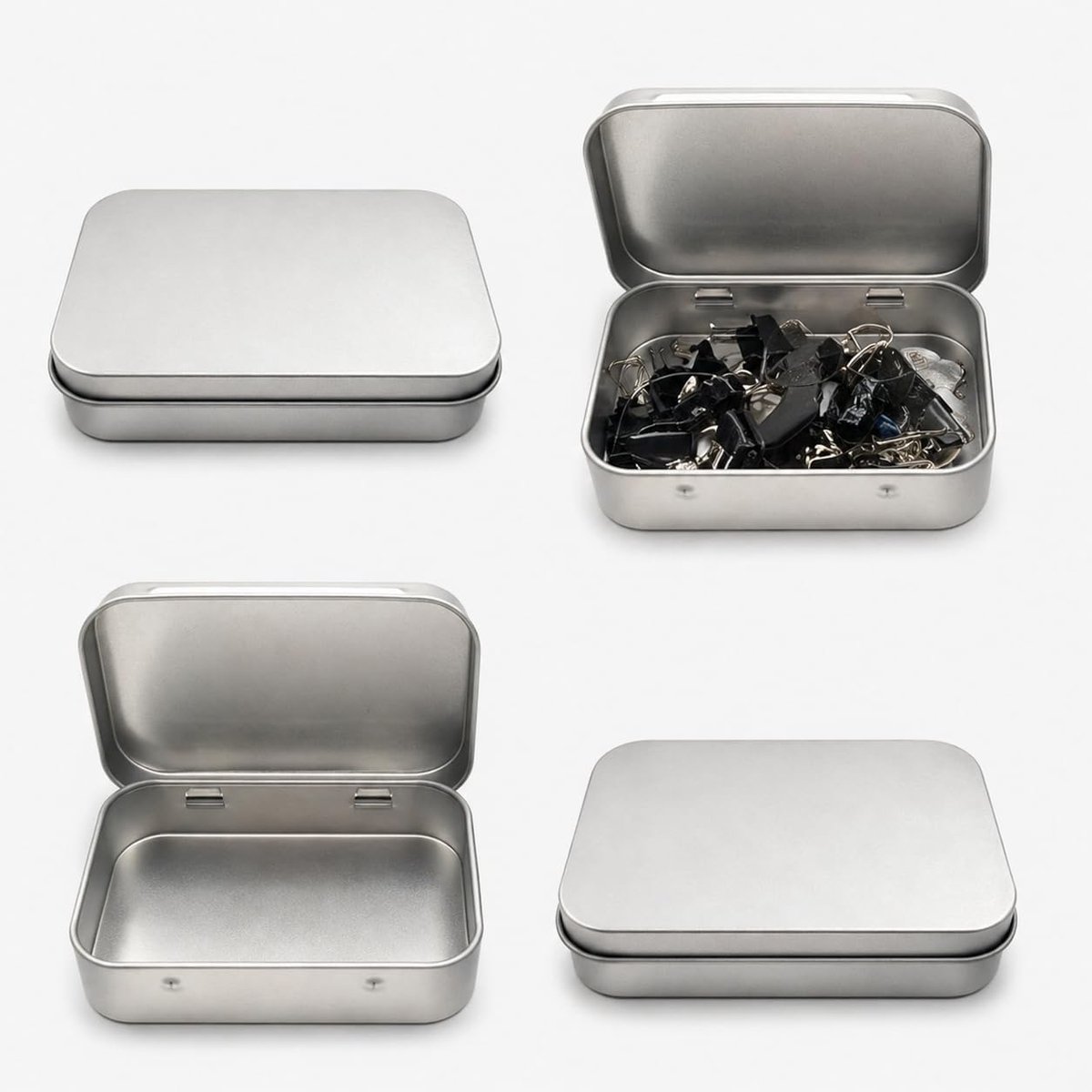 4 stuks metalen blikjes, klein, rechthoekig, met deksel, roestvrij metalen blikjes, zilver, 9,5 x 6,0 x 2,2 cm, opbergdoos voor munten, pillen, snoep, ideaal voor tassen, handtassen, reizen, kleine