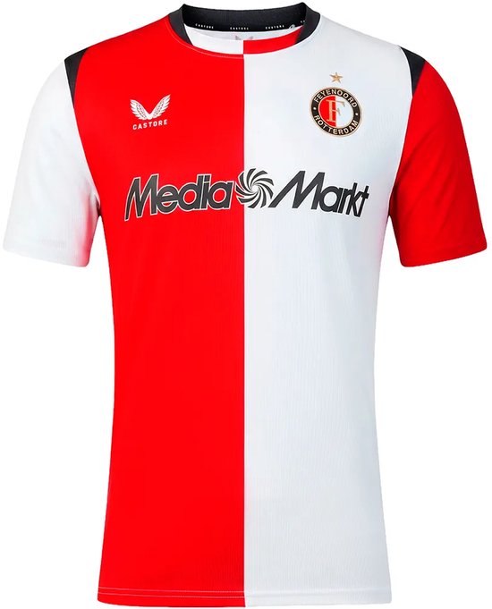 Rood-wit Feyenoord shirt met 'MediaMarkt' opdruk, clublogo en Castore logo.