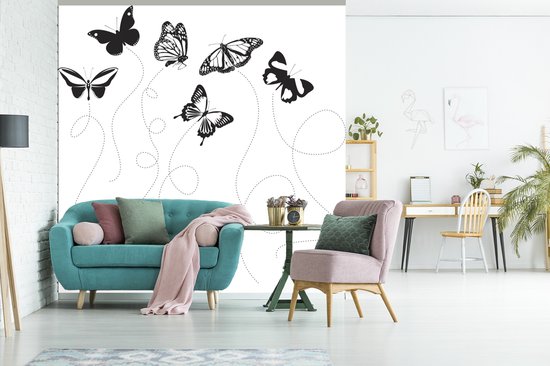 Papier peint photo vinyle - Une illustration en noir et blanc de papillons largeur 300 cm x hauteur 300 cm - Tirage photo sur papier peint (disponible en 7 tailles)