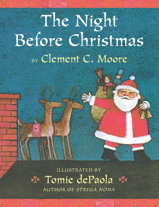 De voorkant van het boek 'The Night Before Christmas' door Clement C. Moore, geïllustreerd door Tomie de Paola. Santa Claus staat met een zak vol cadeautjes en twee rendieren.